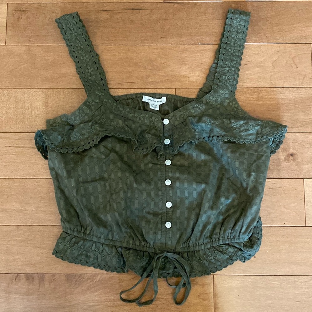 American Eagle Olive Green Boho Lace Trim Crop Tank Top Size S